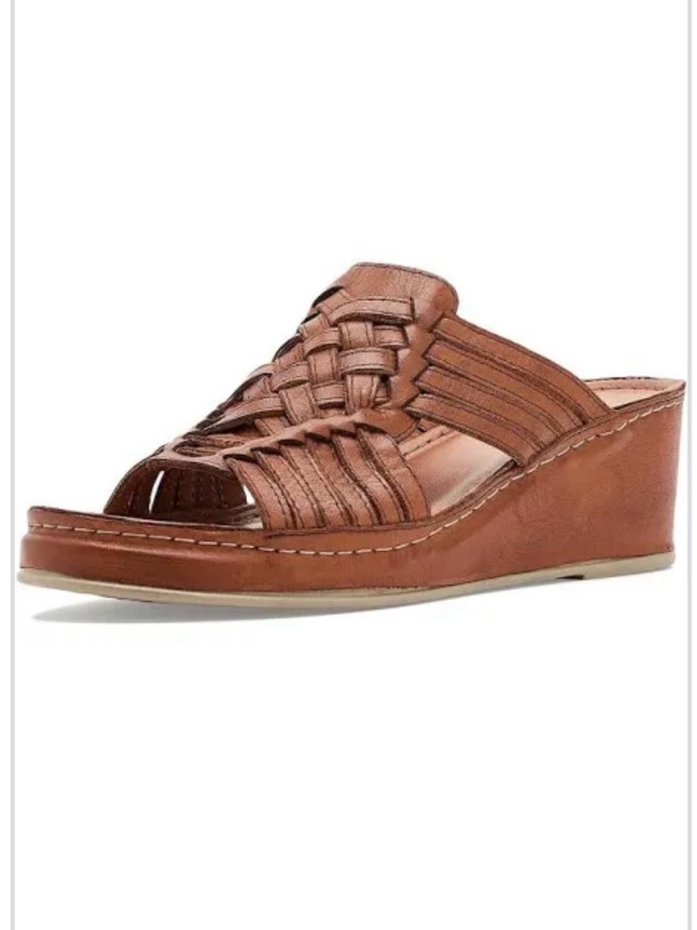 Spring Step Woven Leather Open-Toe Wedge - Tan Brown